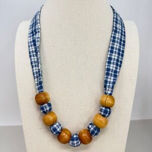 Blue Gingham Fabric Tie Necklace with Natural Wood Beads Cottagecore Vintage 80s